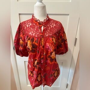 Farm Rio size small red cotton floral blouse with lace inset. Buttons, collar.